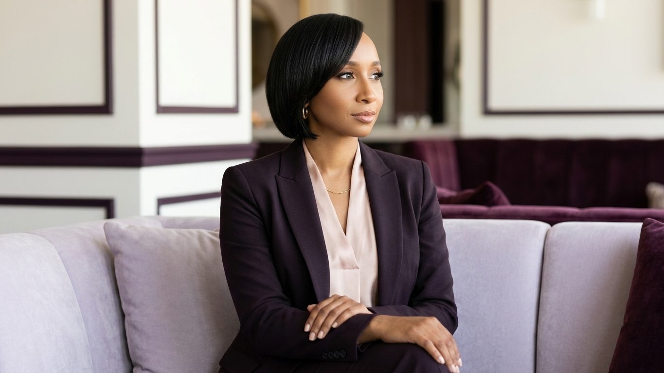 Executive woman leader seated in a refined lounge, poised and considering her next season