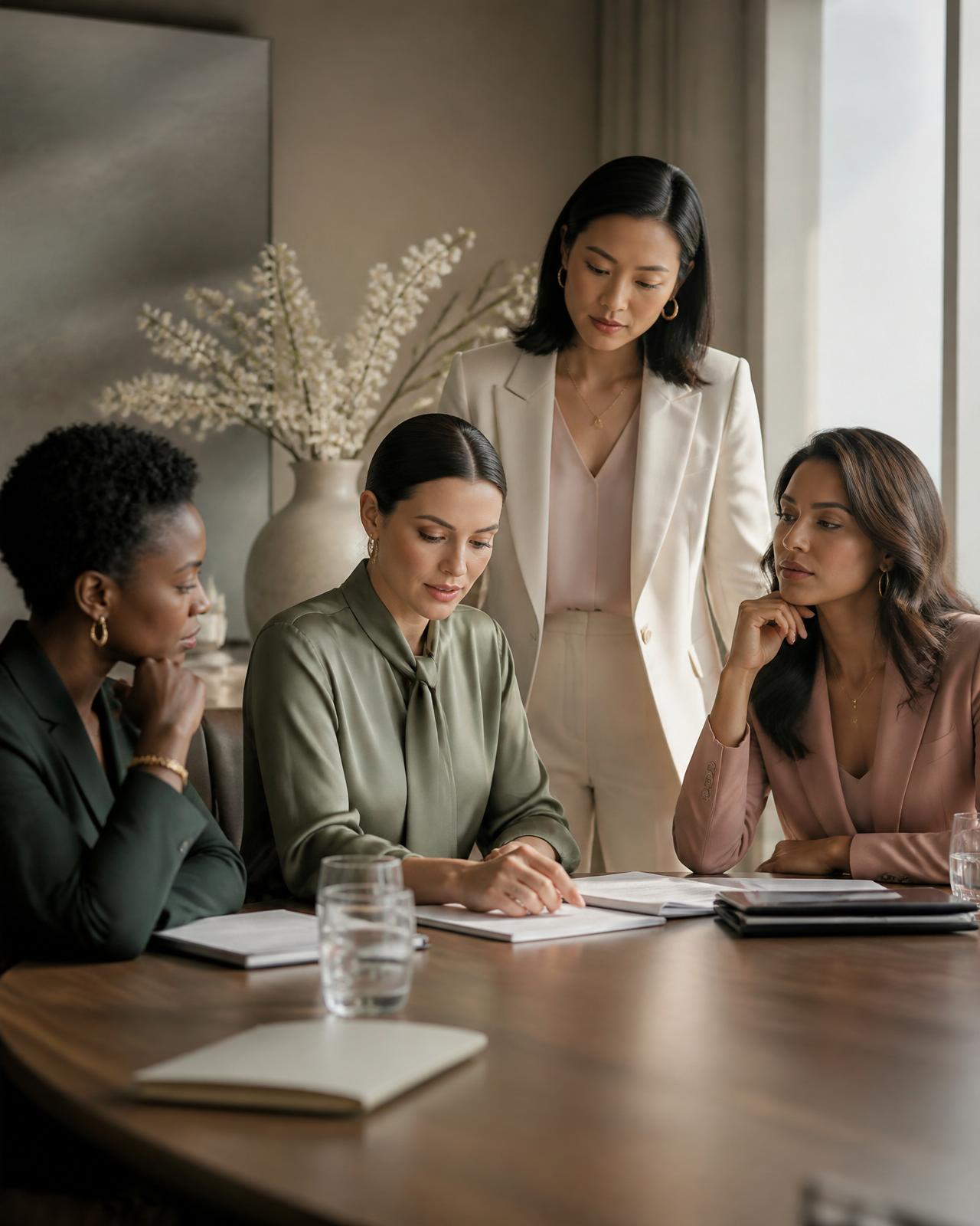 Diverse group of women executives collaborating in a boardroom