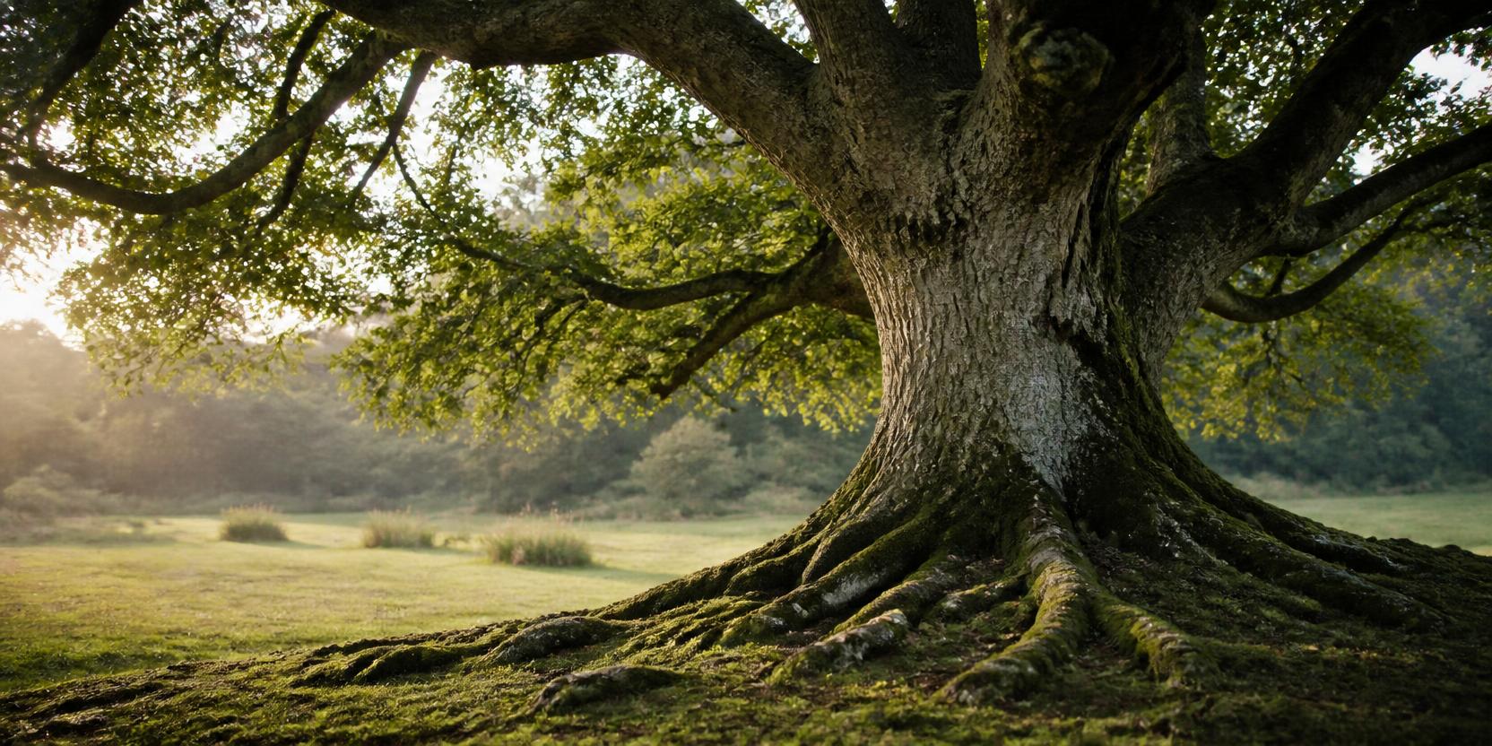 A mature tree with a thick trunk and visible roots in warm natural light
