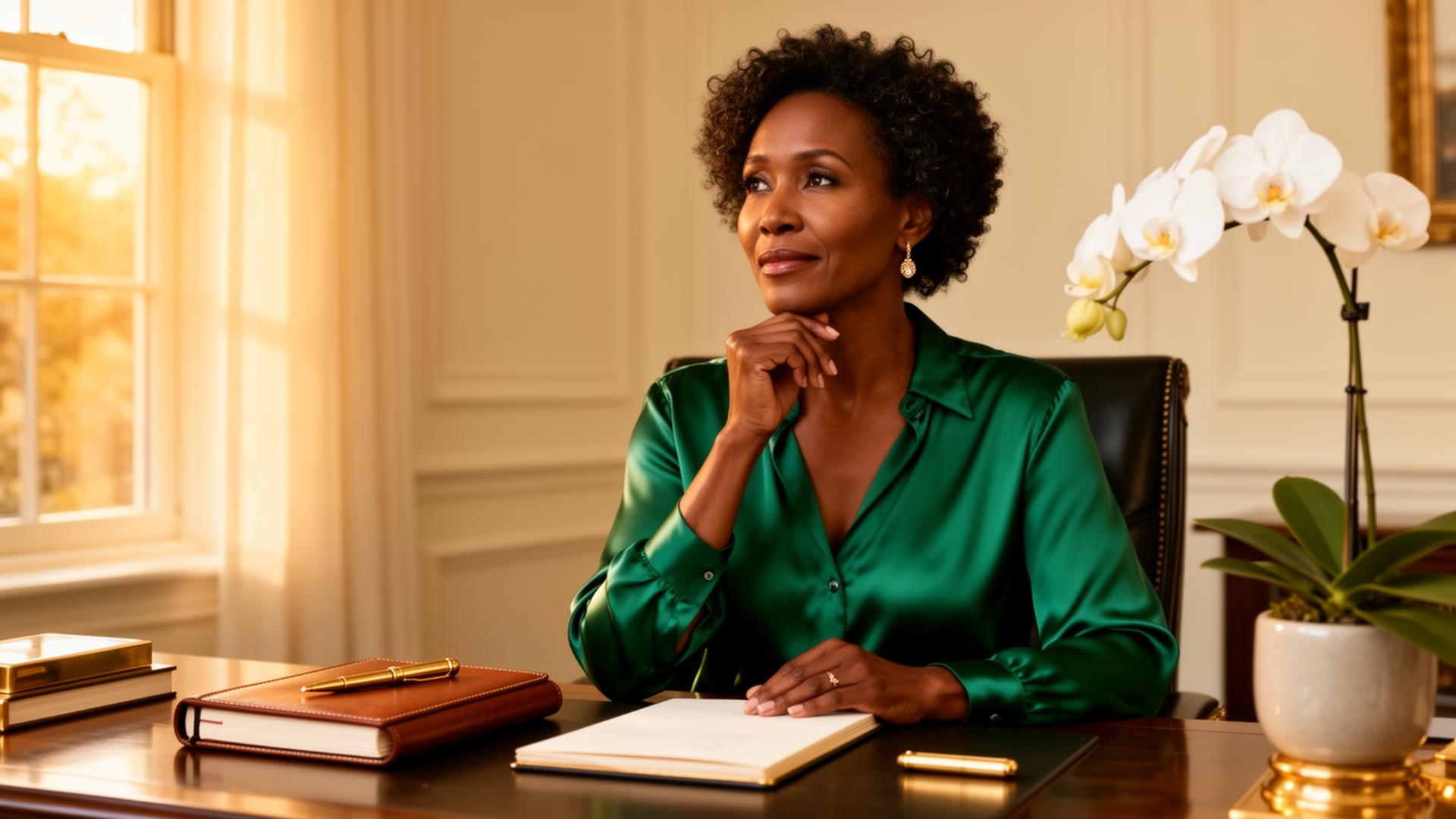 A composed high-achieving woman in an emerald silk blouse at a refined home desk, mid-thought