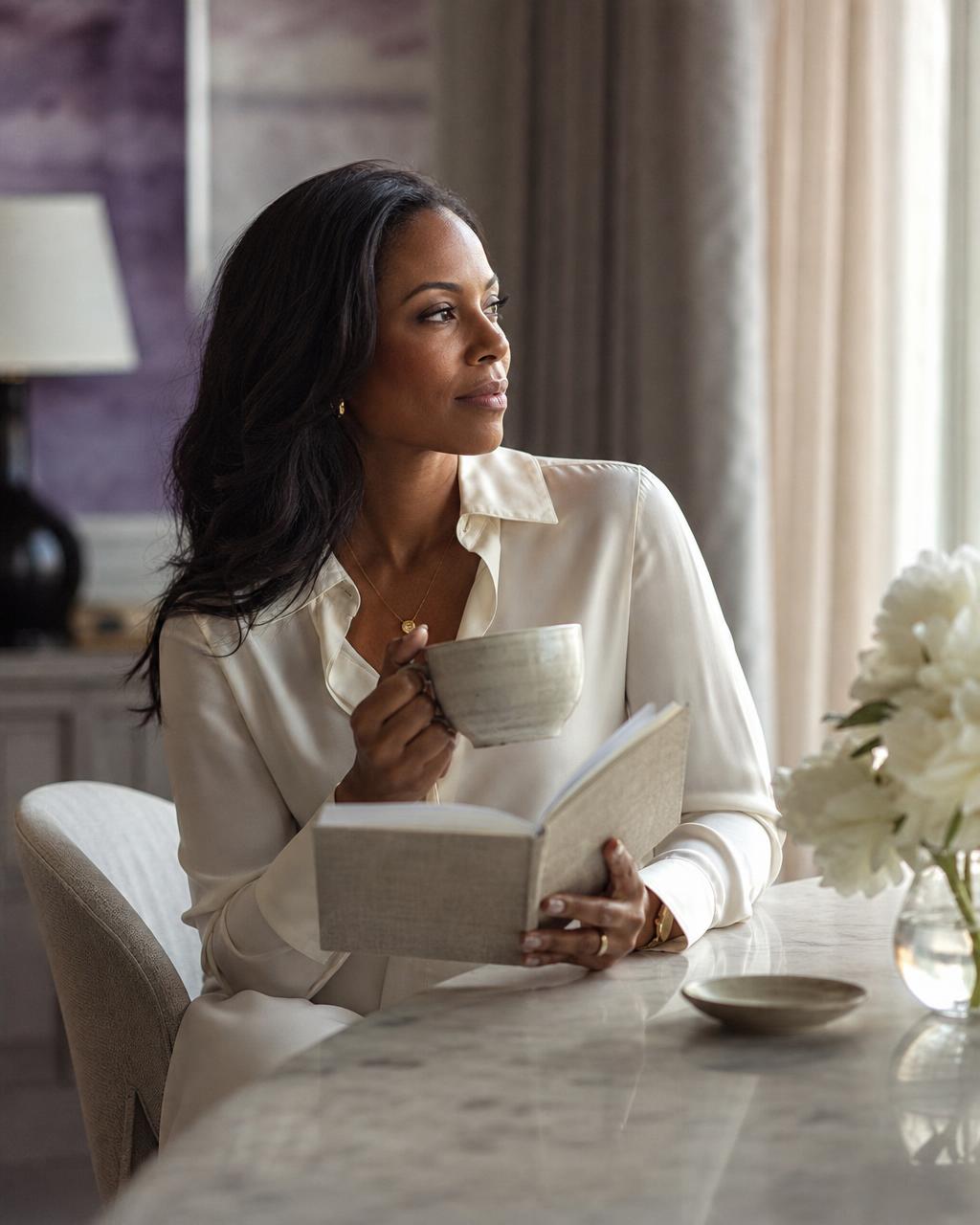 An elegantly dressed woman pausing with a journal and cup of coffee in soft natural light
