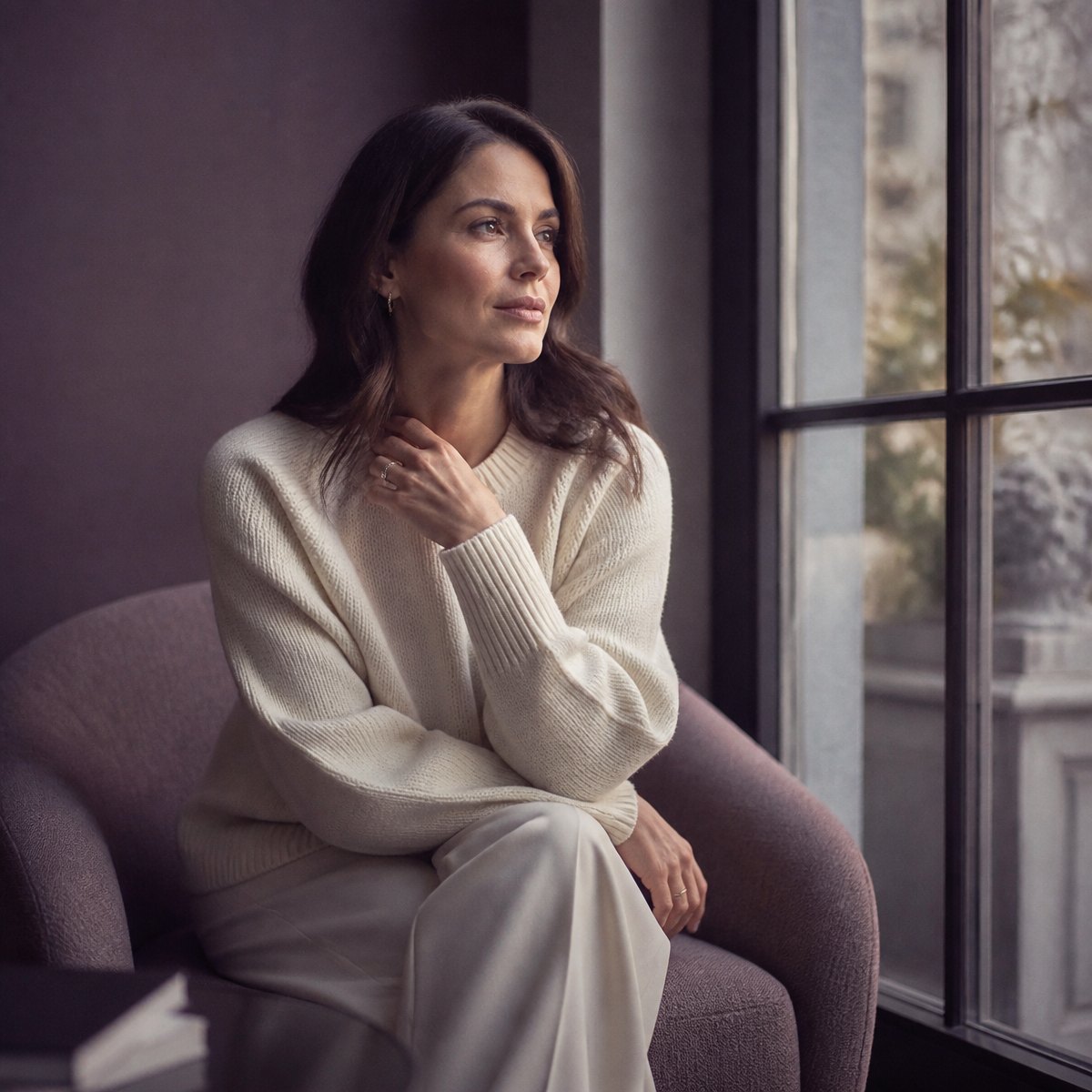 A woman pausing alone by a window in soft morning light, quietly considering her next season