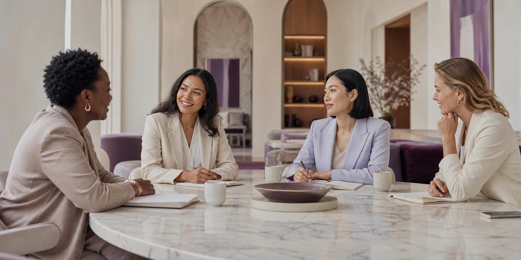 Four professional women of different backgrounds in a warm, considered conversation around a pale marble table
